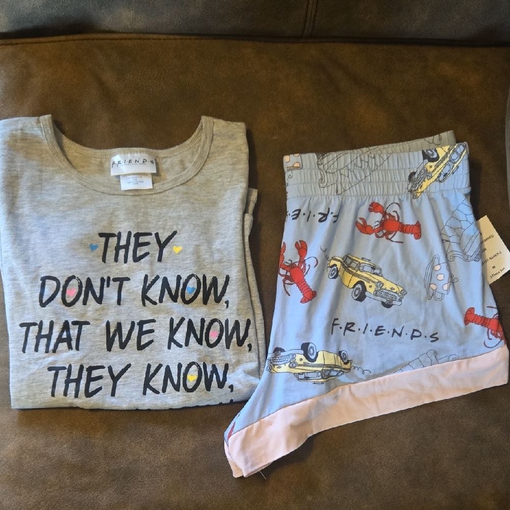 FRIENDS 2 PC Kids Pajama Set - Gray Top with Blue and Pink Shorts